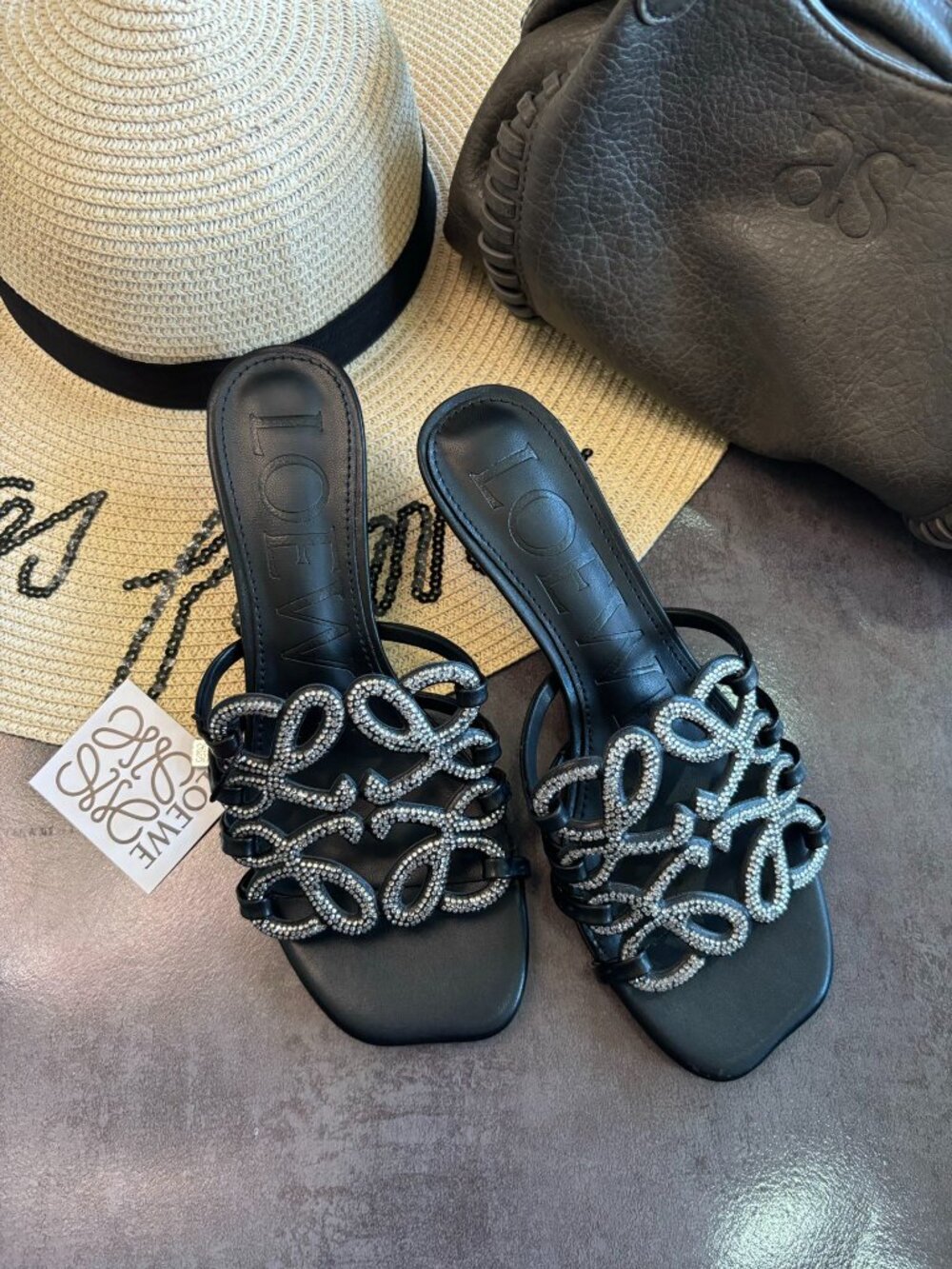 LOEWE Crystal Embellished Anagram Mules Black Calf Leather Slip On Evening Heels